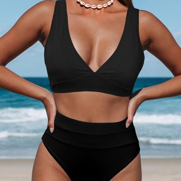 Women's Leopard Bikini Swimsuits with V Neck and High Waisted Design - Picture 2 of 4